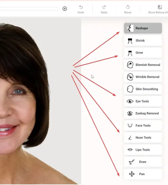 FaceTouchUp plastic surgery simulation toolbar overview