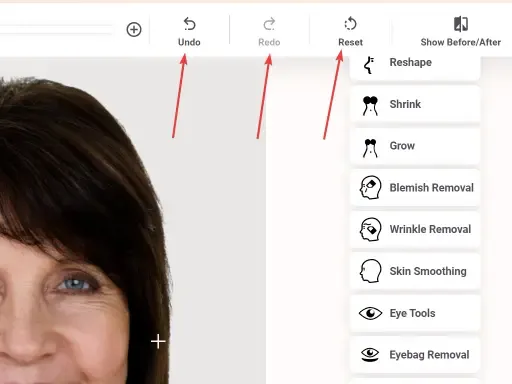FaceTouchUp undo, redo, and reset controls