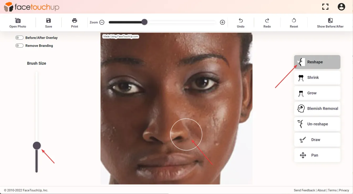 FaceTouchUp rhinoplasty simulator - Step 9: Adjust intensity of changes