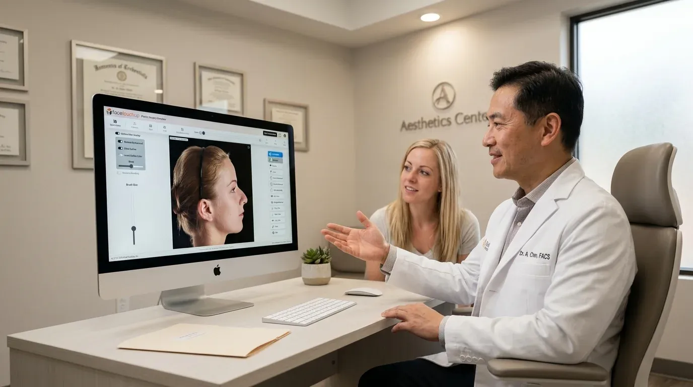 Surgeon showing patient simulation results on desktop during in-office consultation