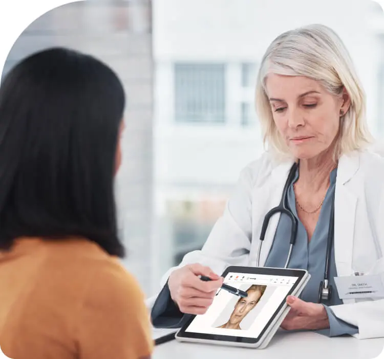 surgeon showing FaceTouchUp to patient in a clinic